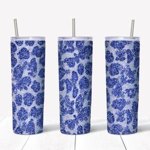 Blue Silver Sparkle Look Bling Tumbler Cheetah Leopard Print 20 oz Tumbler Set